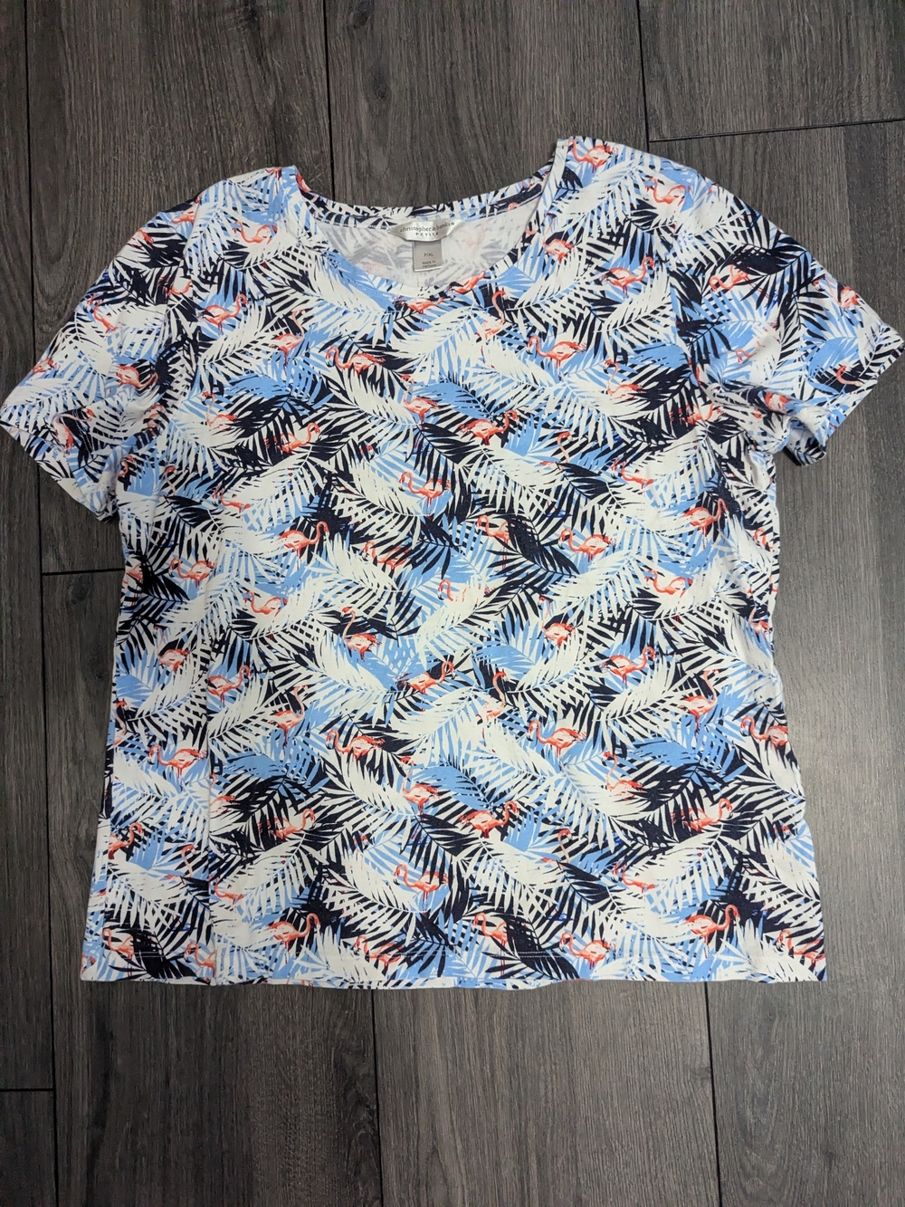 Christopher & Banks Tropical Palm Flamingo Short Sleeve Tee - Blue/White/Pink